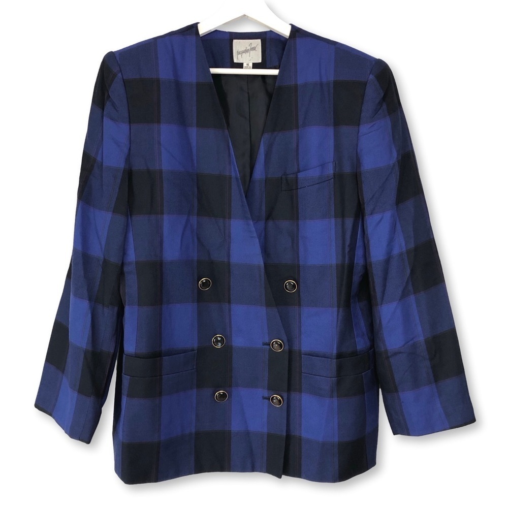 Jacqueline Ferrar Plaid Double Breasted Blazer Blue Black Size 16